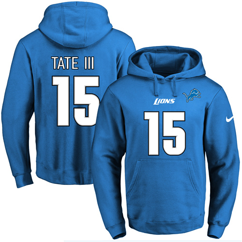 Nike Lions #15 Golden Tate III Blue Name & Number Pullover NFL Hoodie - Click Image to Close